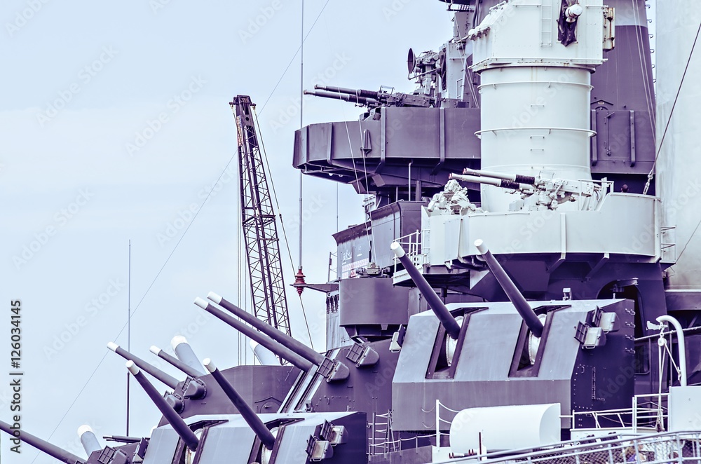 closeup details of war ready artillery battleship