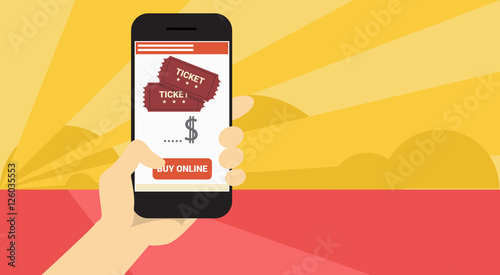 Hand Hold Cell Smart Phone Application Online Cinema Ticket Booking Banner Flat Vector Illustration