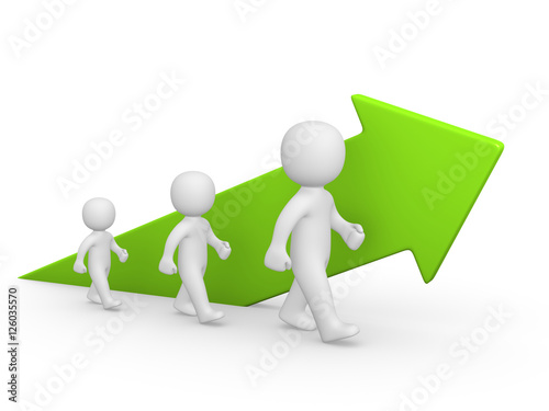 Three 3d men go toward rising arrow. 3d render.