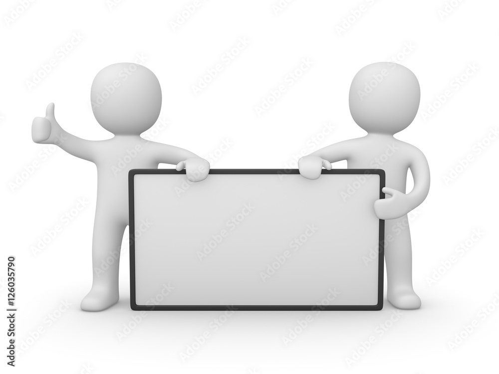 Two 3d men with white poster. 3d render. Two 3d men with white poster. 3d render.
