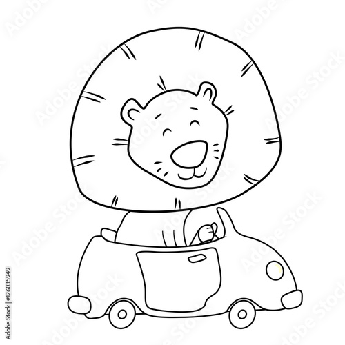 Cute cartoon lion driving a car