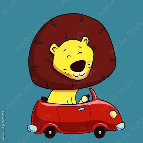 Cute cartoon lion driving a car