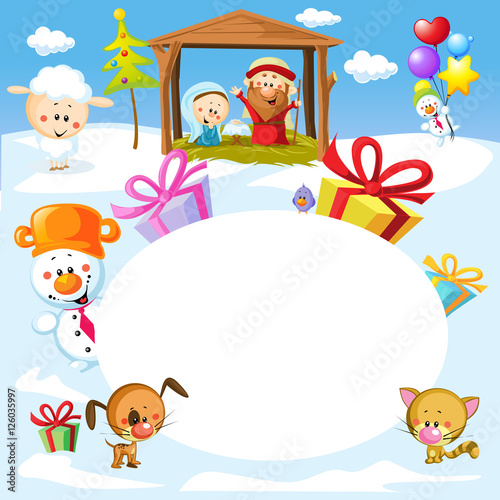 Nativity in Bethlehem with animals - Christmas vector oval frame illustration