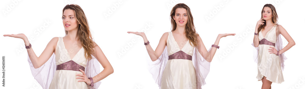 Pretty lady in light charming dress isolated on white Pretty lady in light charming dress isolated on white