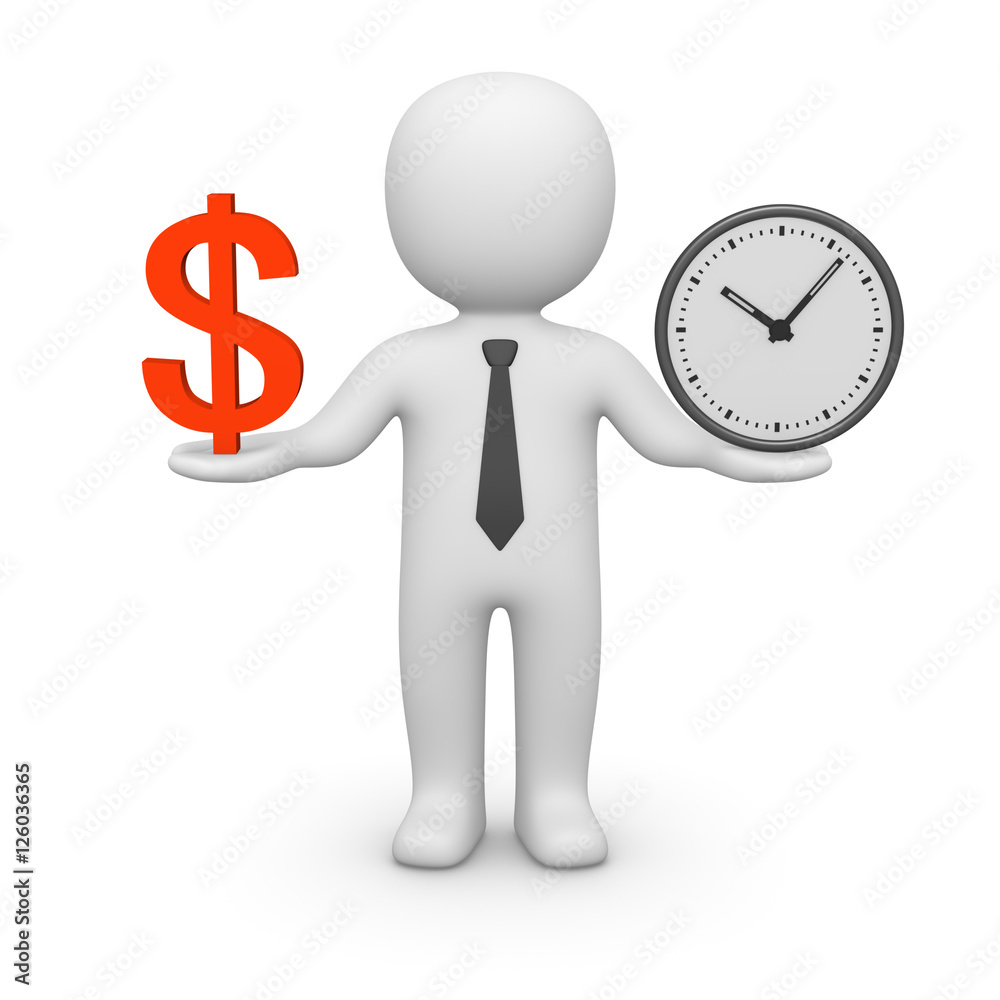 3d man with watch and dollar sign. 3d render.