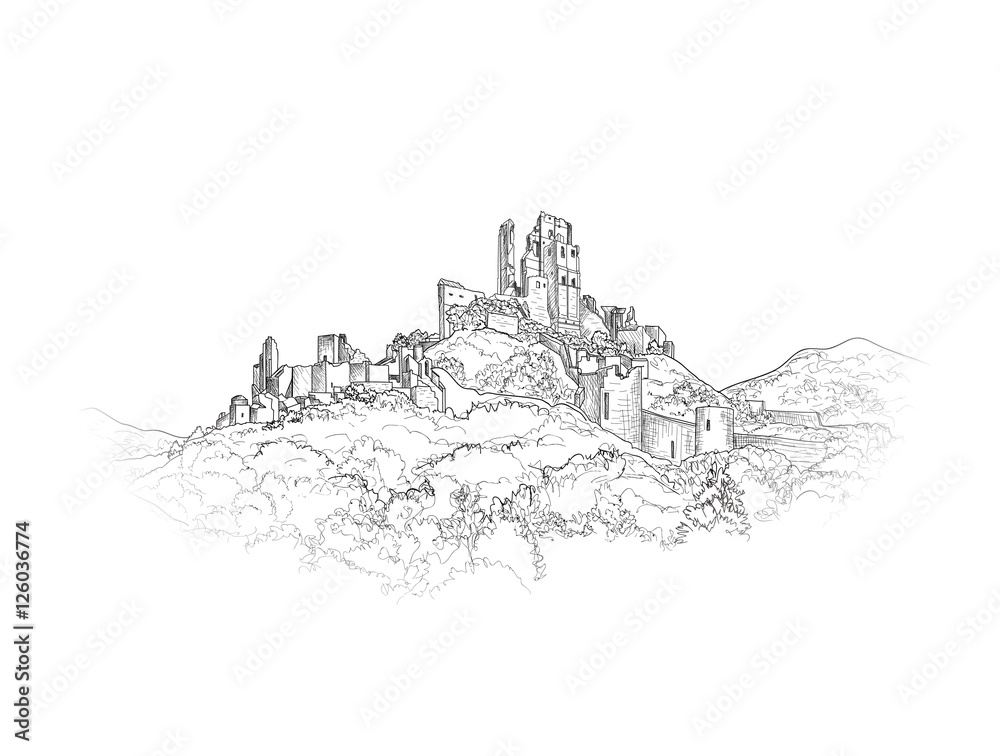 Famous English Castle Landscape. Ancient Architectural Ruins Background. Travel UK Landmarks engraving sketch