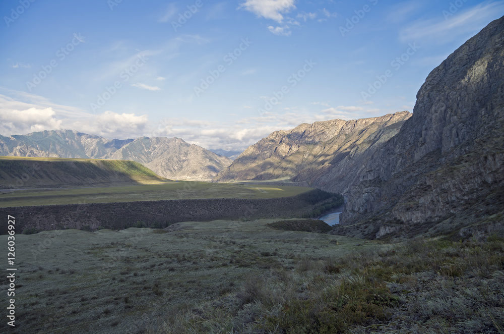 Morning in the valley of Katun river. Altai Mountains, Russia.