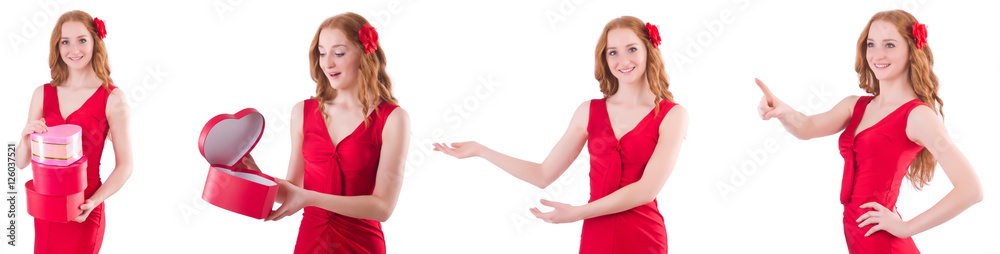 Red dress woman holding gift box isolated on white Red dress woman holding gift box isolated on white