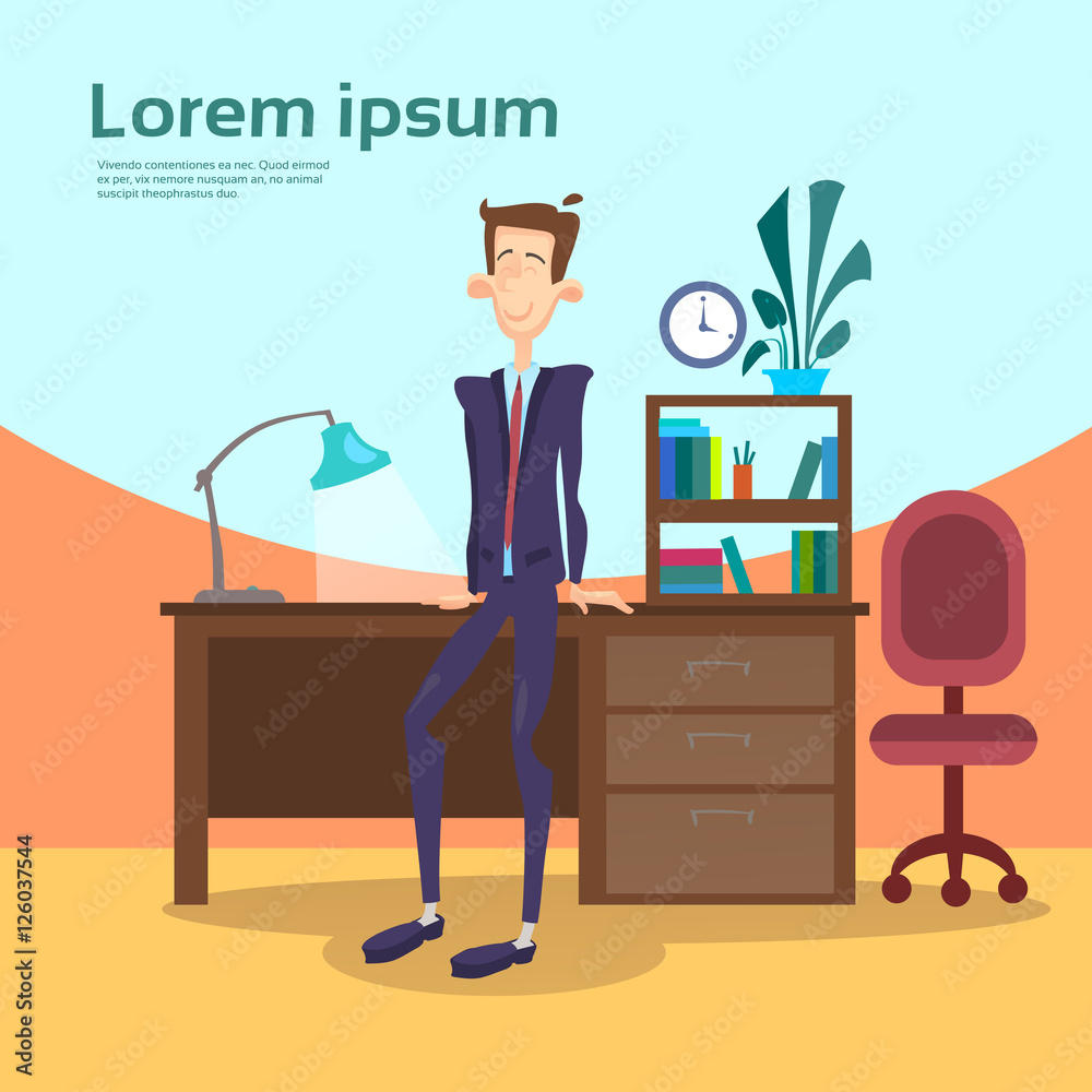 Business Man Interior Workplace, Businessman Manager Office Worker Flat Vector Illustration