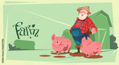 Farmer Feed Pig Pork Butcher Animal Farm Flat Vector Illustration