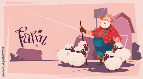 Farmer Breeding Sheep Wool Farm Flat Vector Illustration