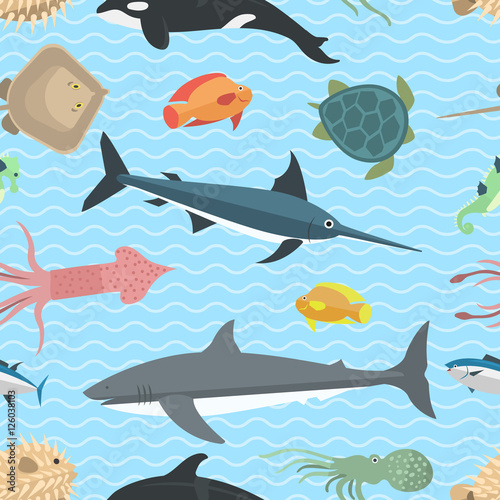 Sea animals vector seamless pattern
