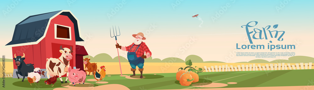 Farmer Breeding Animals Farmland Background Flat Vector Illustration