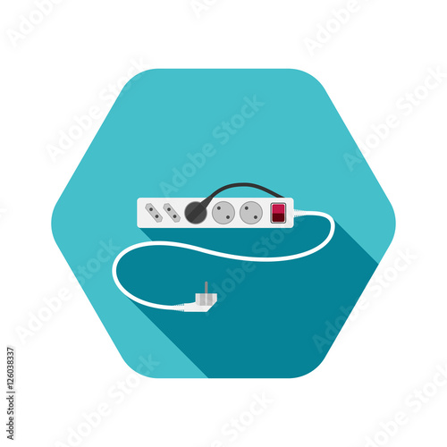 Vector icon of modern electric extension cord with different outlets on the turquoise hexagon background.