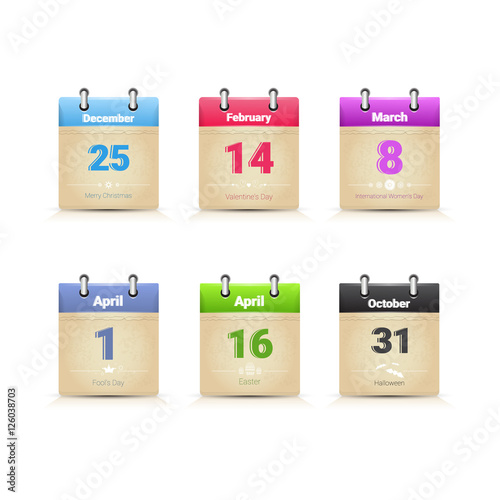Calendar Data Page Collection Main Traditional Holday Days Set Flat Vector Illustration
