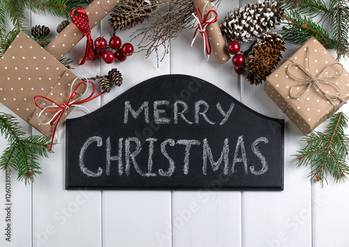 Christmas background with old empty sheet of paper. Top view.