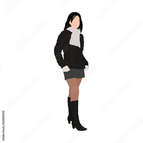 Young woman stands dressed in dark winter jacket, short skirt an