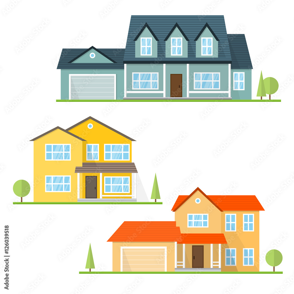 Vector flat icon suburban american house.