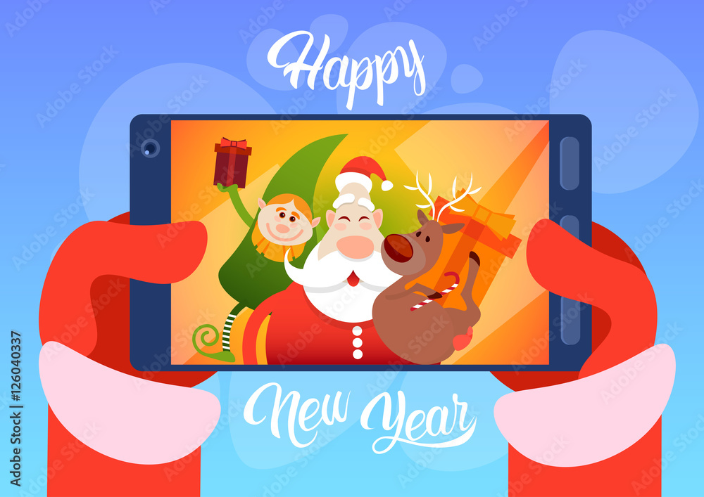 Fototapeta premium Santa Claus With Reindeer Elfs Making Selfie Photo, New Year Christmas Holiday Greeting Card Flat Vector Illustration