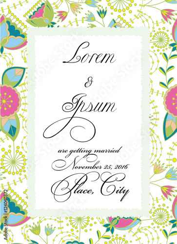 Colorful wedding invitation with torn paper banner