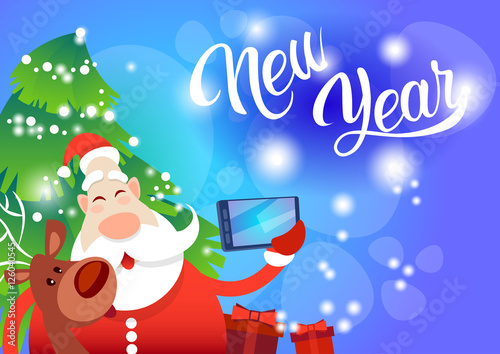 Santa Claus With Reindeer Making Selfie Photo, New Year Christmas Holiday Greeting Card Flat Vector Illustration