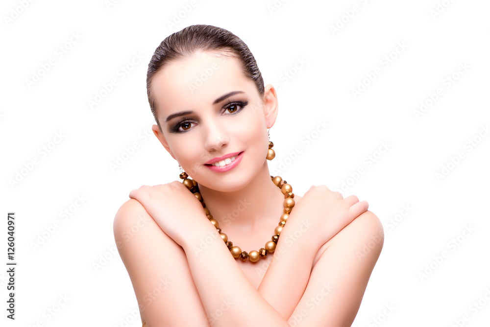 Beautiful woman with jewellery isolated on white Beautiful woman with jewellery isolated on white