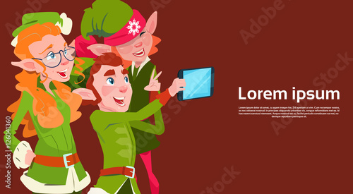 Santa Claus Helper Green Elf Group Making Selfie Photo, New Year Christmas Holiday Greeting Card Flat Vector Illustration