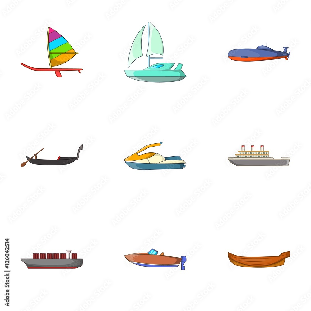 Water transport icons set. Cartoon illustration of 9 water transport vector icons for web Water transport icons set. Cartoon illustration of 9 water transport vector icons for web