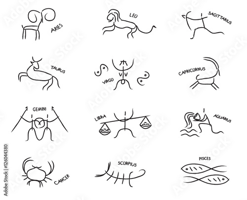 Set astrological sign of zodiacal constellations in the form of petroglyphs and cave paintings, drawings on the rocks, isolated object