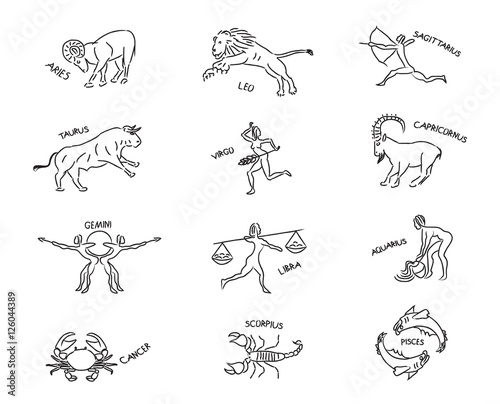 Set astrological sign of zodiacal constellations in the form of petroglyphs and cave paintings, drawings on the rocks, isolated object