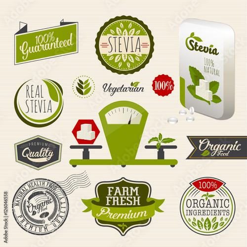 Stevia and Organic food label Set. Farm Fresh label and Logo element. Organic,bio,ecology natural design template. Easy editable for Your design. Retro logotype icon.