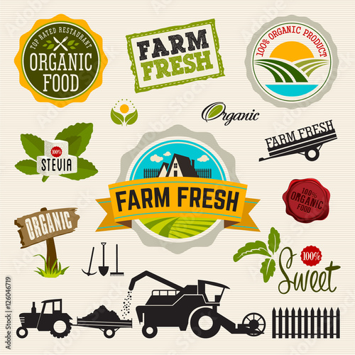 Stevia and Organic food label Set. Farm Fresh label and Logo element. Organic,bio,ecology natural design template. Easy editable for Your design. Retro logotype icon.