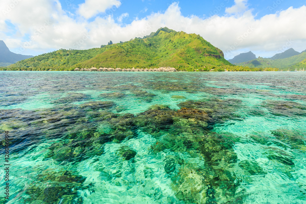 Beautiful sea with mountain and resort background in Moorae Island at Tahiti , PAPEETE, FRENCH POLYNESIA Beautiful sea with mountain and resort background in Moorae Island at Tahiti , PAPEETE, FRENCH POLYNESIA