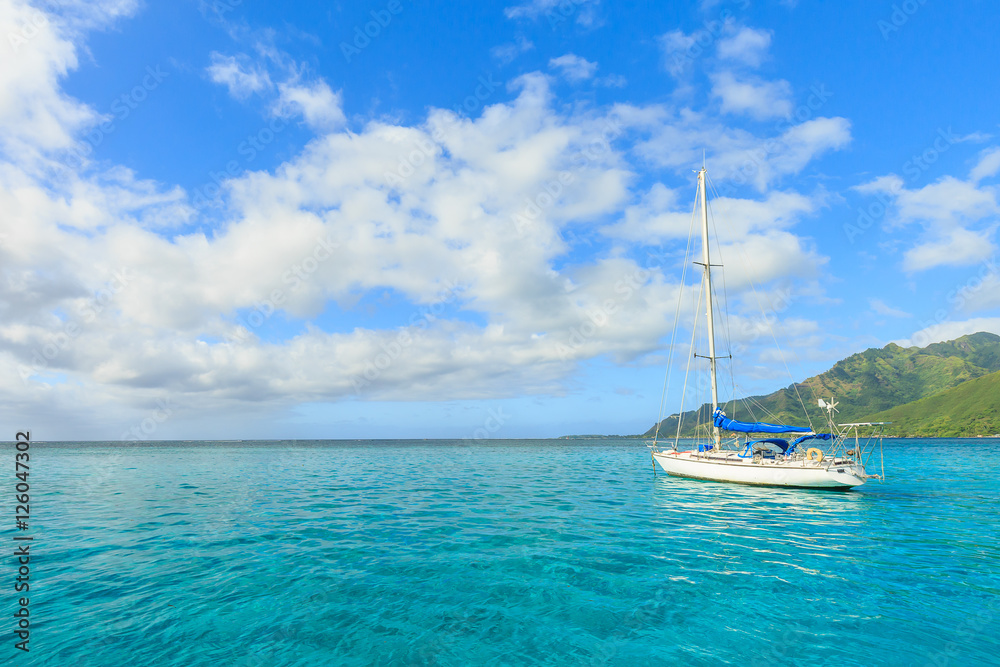 Beautiful sea and sailing boat in Moorae Island at Tahiti , PAPE