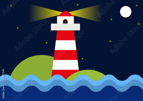 Simple flat illustration of lighthouse during night - seashore with beacon, wavy sea, moon and shinig stars in background © ravennka