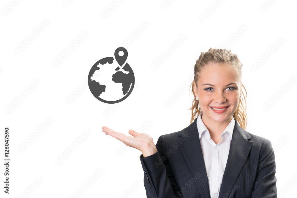 Success businesswoman showing business icon and chart Success businesswoman showing business icon and chart