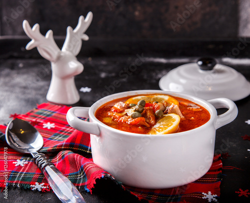 Christmas soup,Solyanka.Festive table.
