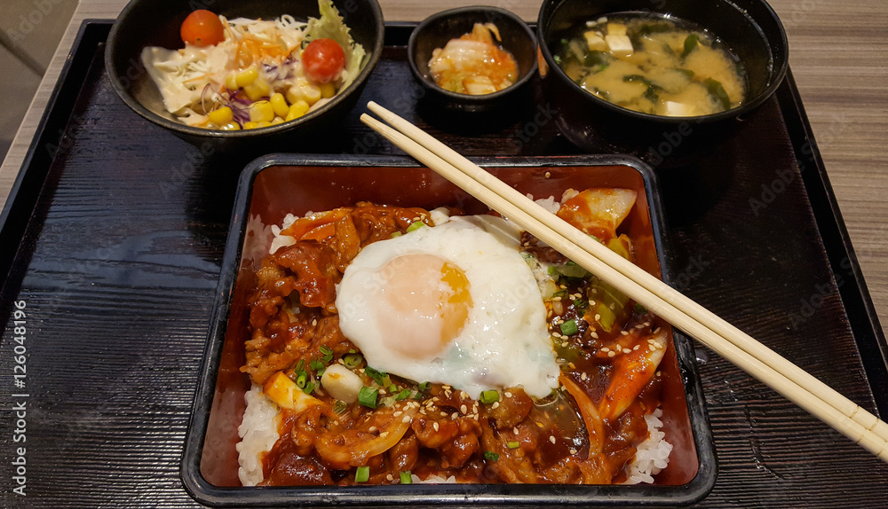 Stir fried pork with kimchi and egg onsen on the rice, bento set Stir fried pork with kimchi and egg onsen on the rice, bento set