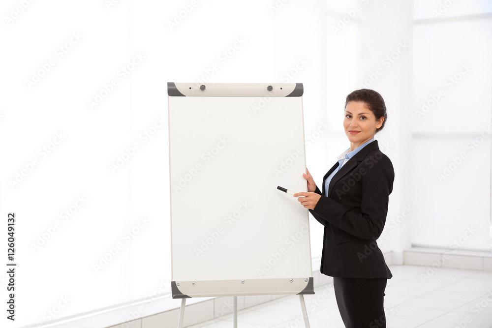 Business trainer giving presentation on whiteboard Business trainer giving presentation on whiteboard