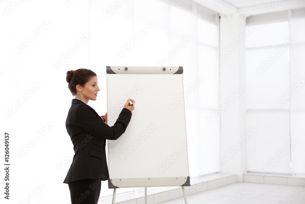Business trainer giving presentation on whiteboard Business trainer giving presentation on whiteboard