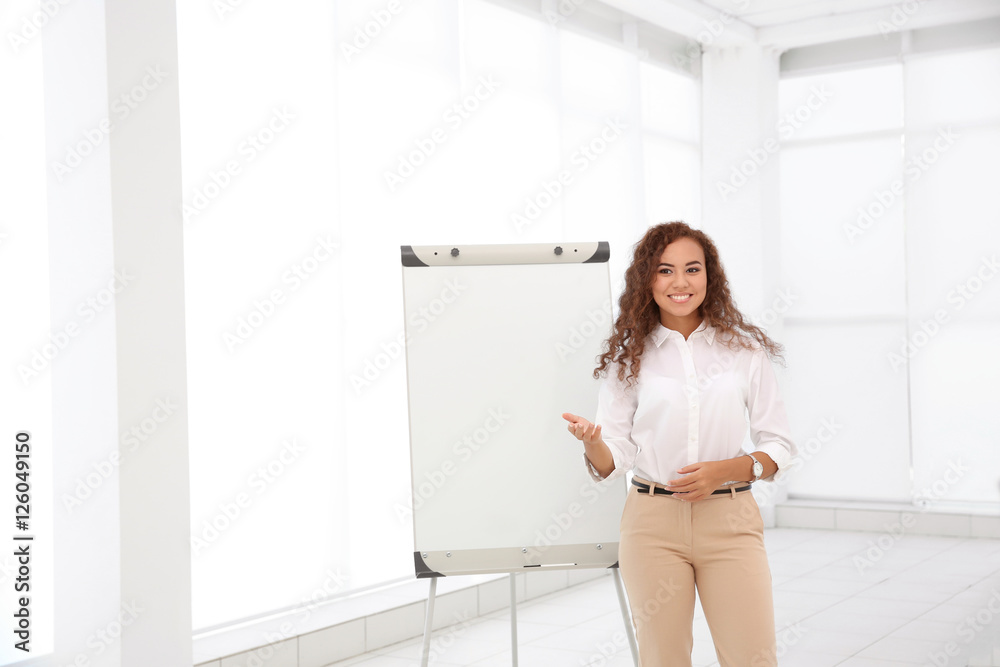 Business trainer giving presentation on whiteboard Business trainer giving presentation on whiteboard