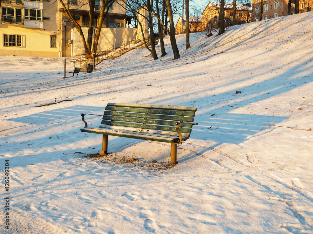 Green bench in the park with snow