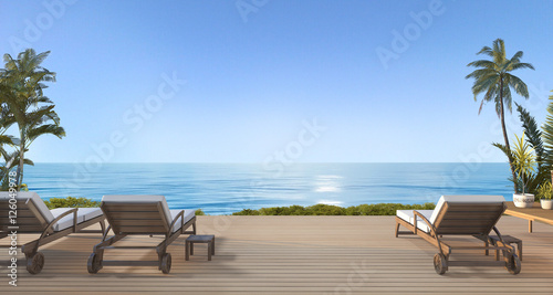 3d rendering beautiful beach bed on terrace near beach and sea with nice sky view and palm tree in hawaii