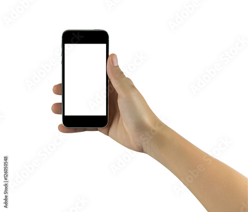 Hand holding black mobile phone isolated on white background