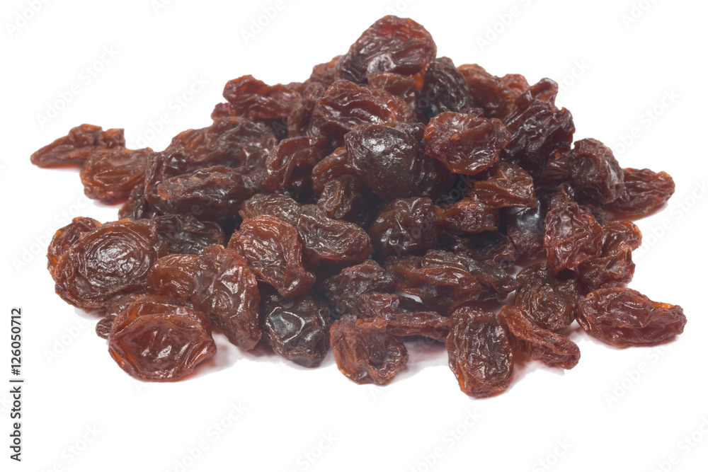 Dried raisins on a white background
