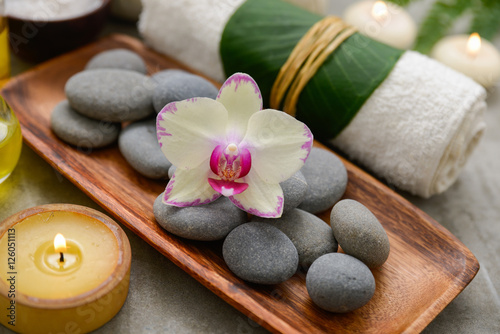 Composition of bath spa treatment on gray background