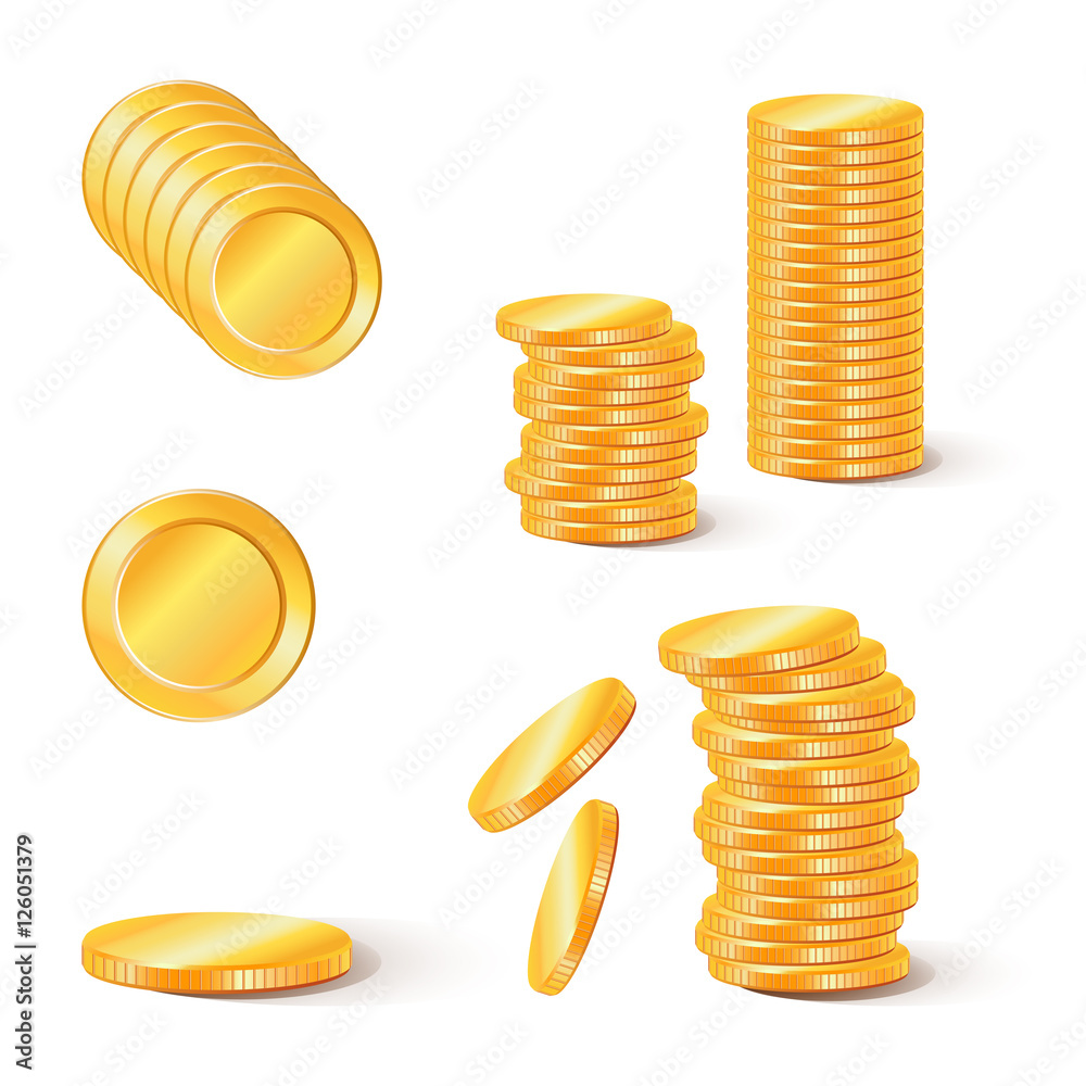 Stacks of gold coins. Collection of illustrations, icons of gold