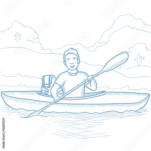 Man riding in kayak vector illustration.