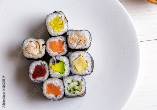 various of maki sushi on white plate