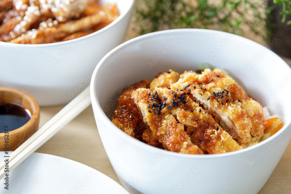japanese food chicken katsu don served in white bowl with chopst japanese food chicken katsu don served in white bowl with chopst
